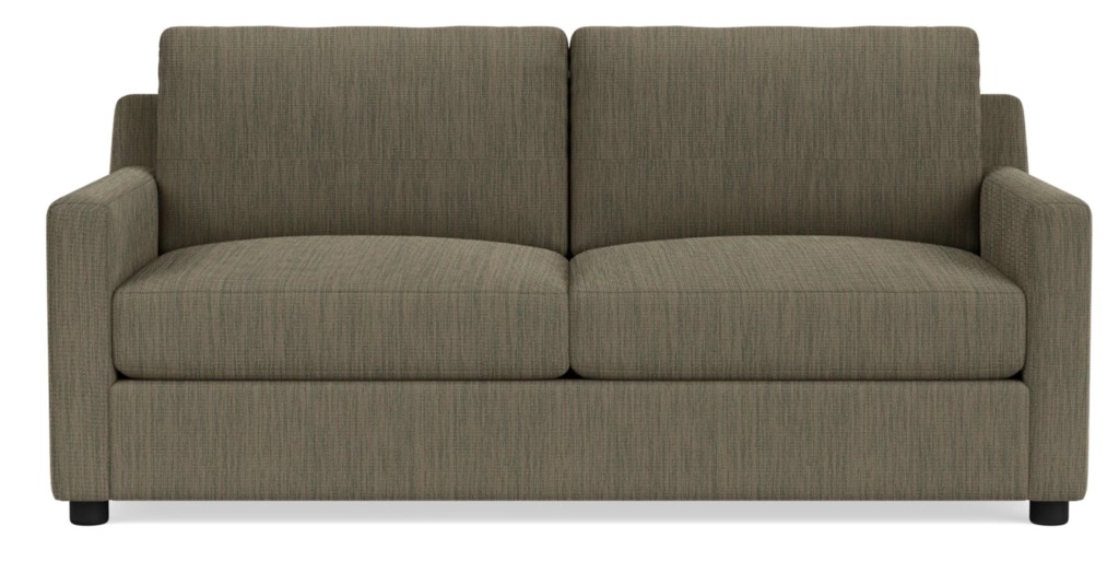 Taupe upholstered sleeper sofa with two wide seat cushions, tall back cushions, slim track arms, and a clean white background.