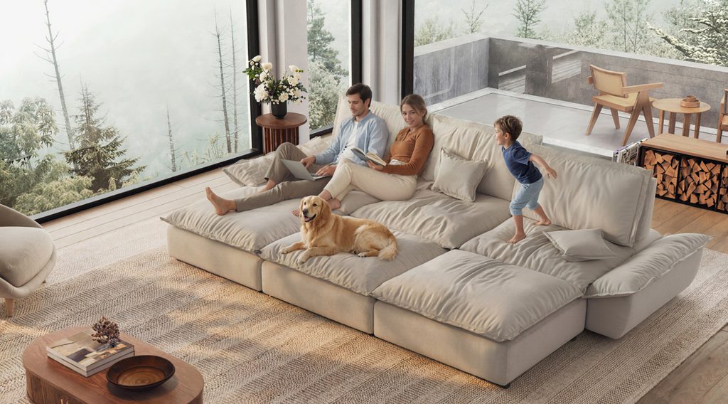 Beige deep-seat sofa in a bright modern living room with a family and golden retriever.