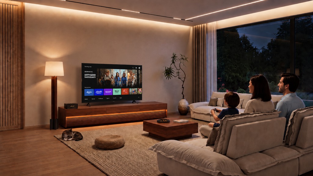 75-inch TV on a low-profile wooden media console in a warm modern living room with family seating.