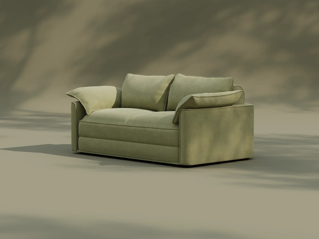 Olive green loveseat sofa with loose cushions against a minimalist neutral background.