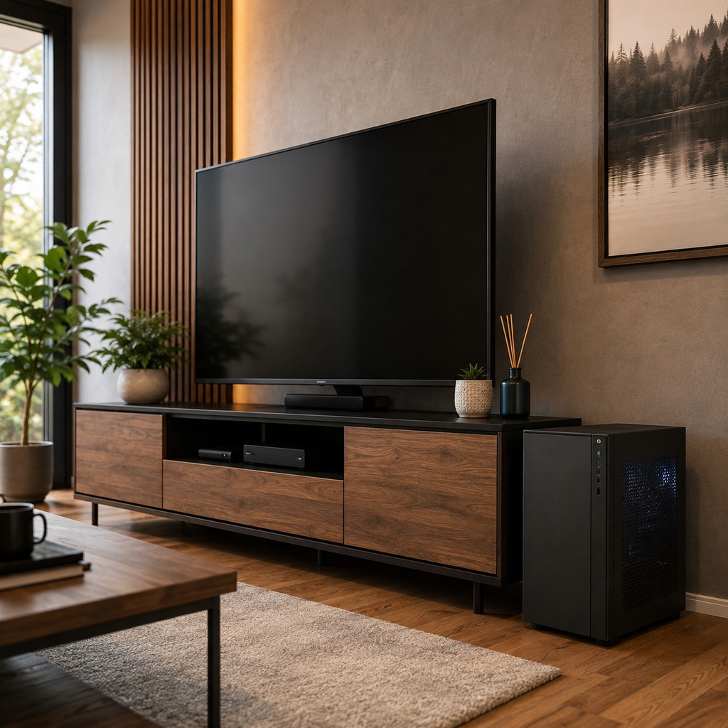 Modern living room with a large TV on a wood media console and a black computer tower placed beside the cabinet.