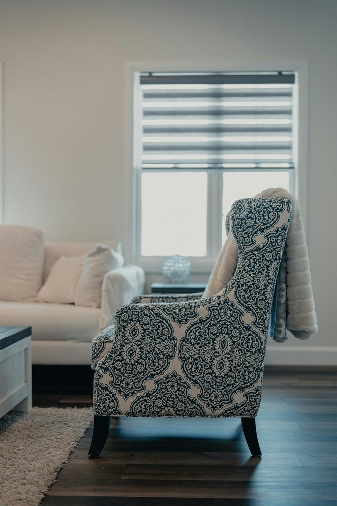 Patterned accent chair beside a window in a bright living room with a sofa and area rug.