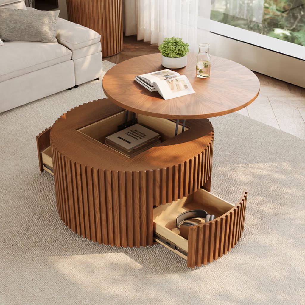 Round wooden lift-top coffee table with open storage and drawers beside a light-colored sofa.