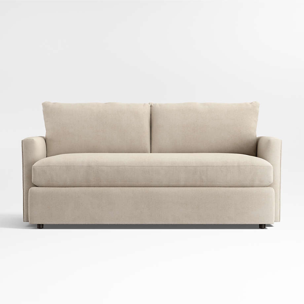 Beige single-cushion sofa with slim arms and two loose back cushions on a white background.