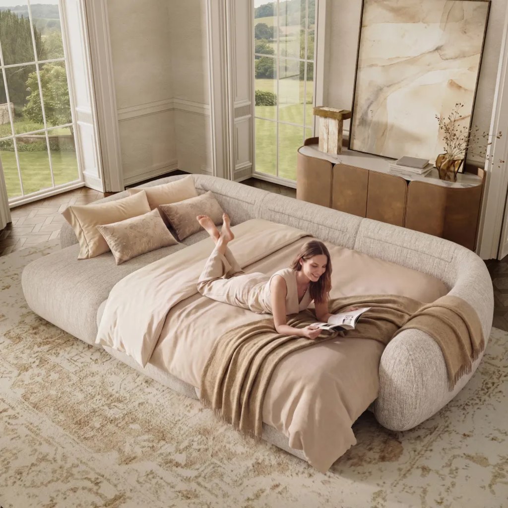 Woman reading on a fully extended cream power sofa bed in a bright living room.