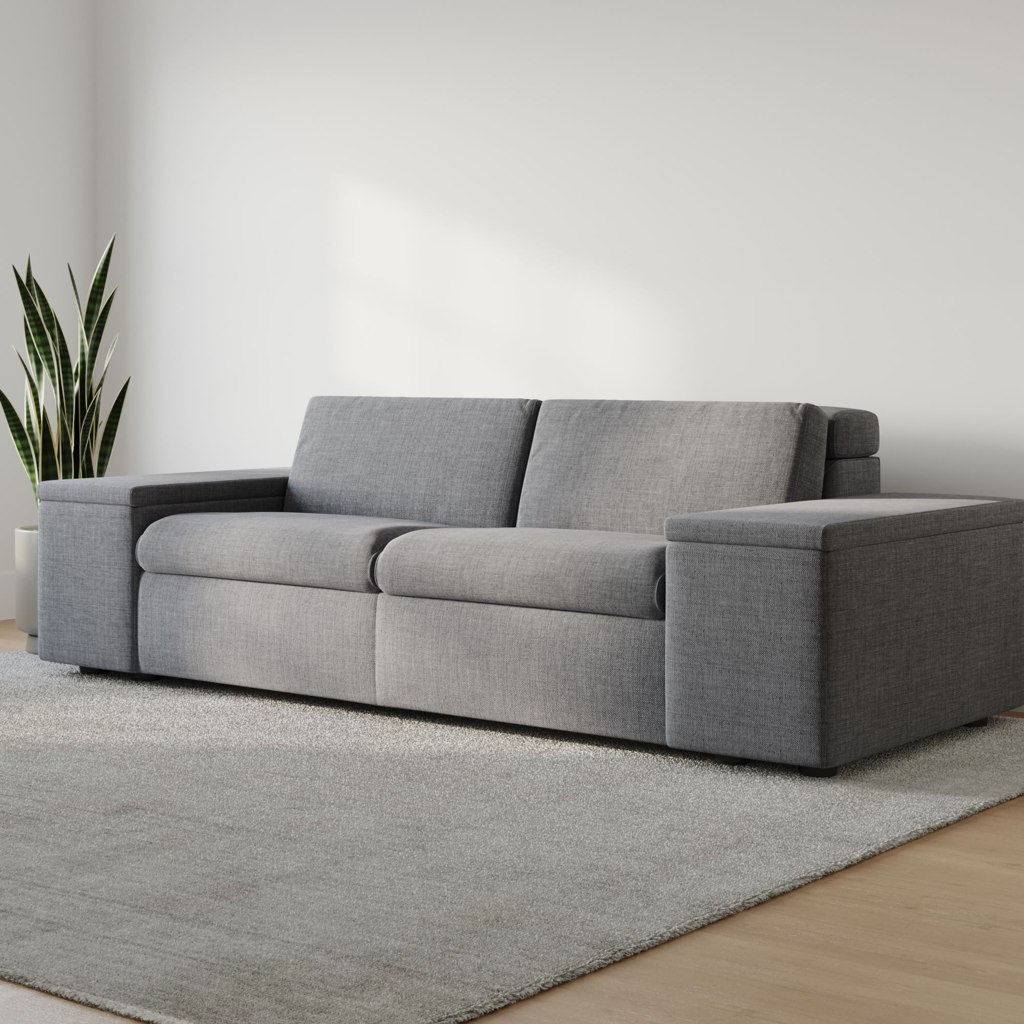 Gray two-seat sofa with wide storage arms in a minimalist living room.