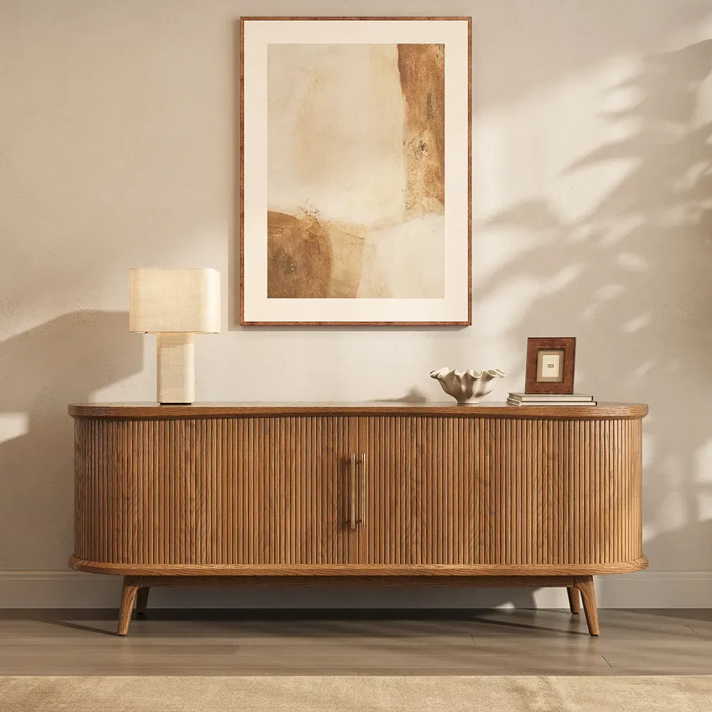Wood slatted record player stand with rounded edges in a warm modern living room.
