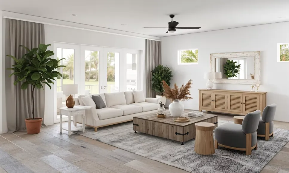 Bright neutral living room with white sofa, natural wood furniture, textured rug, and minimalist decor