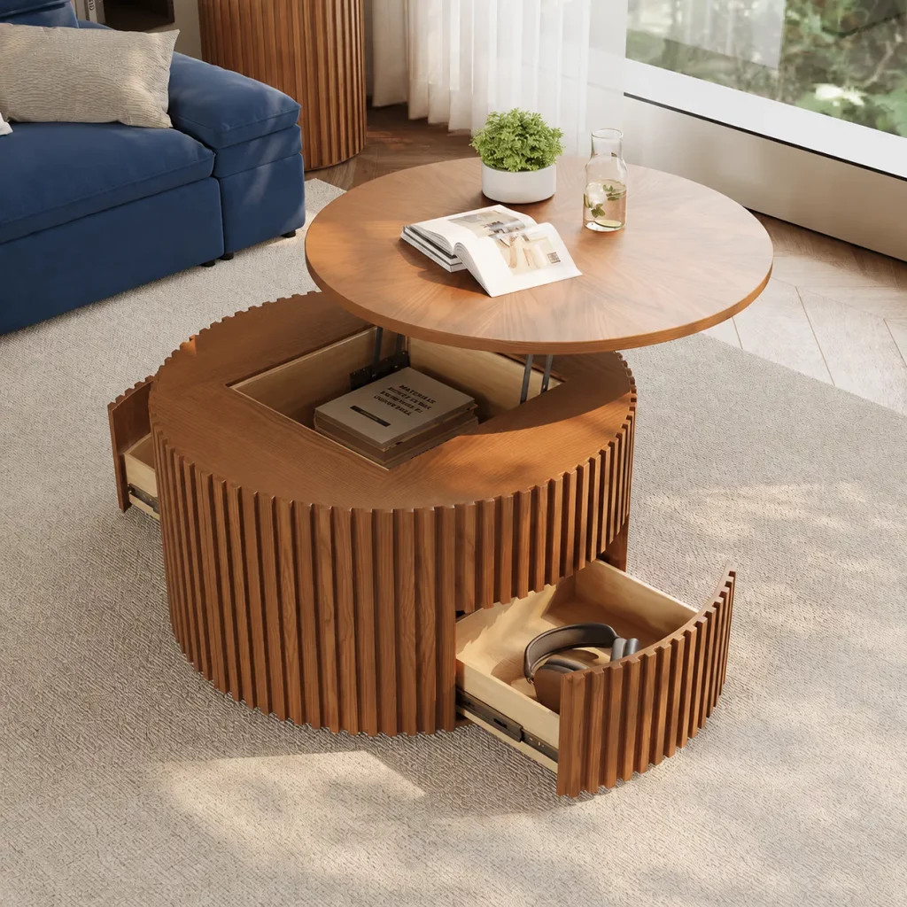 Blue sofa beside a round walnut lift-top coffee table with open storage in a bright modern living room.