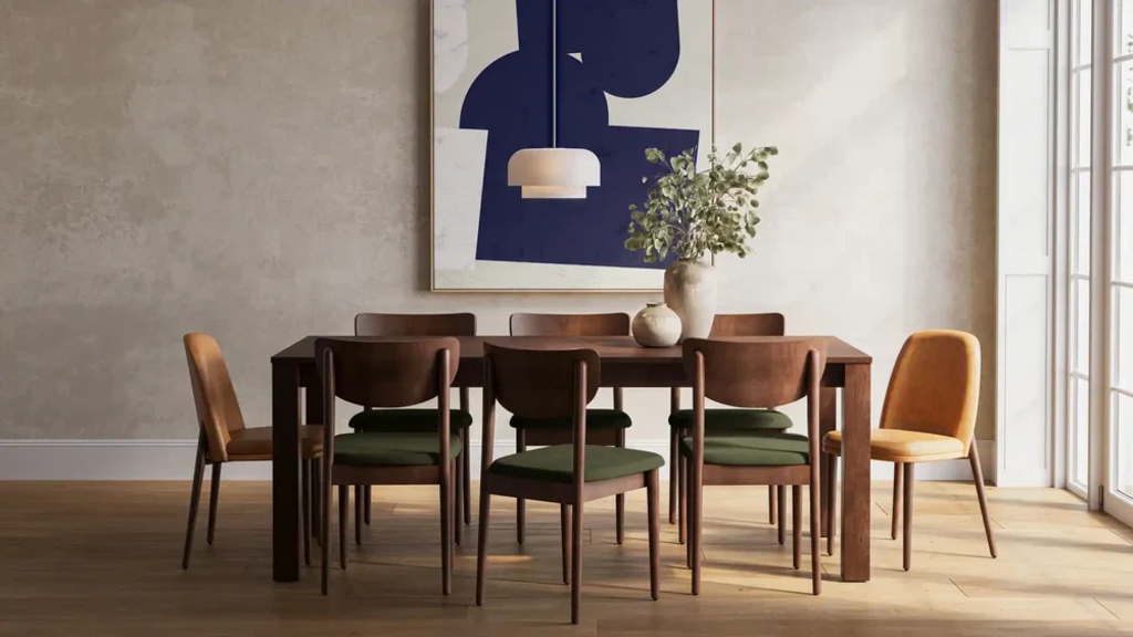 Rectangular dark wood dining table with four corner legs and open space beneath, surrounded by chairs in a modern dining room.