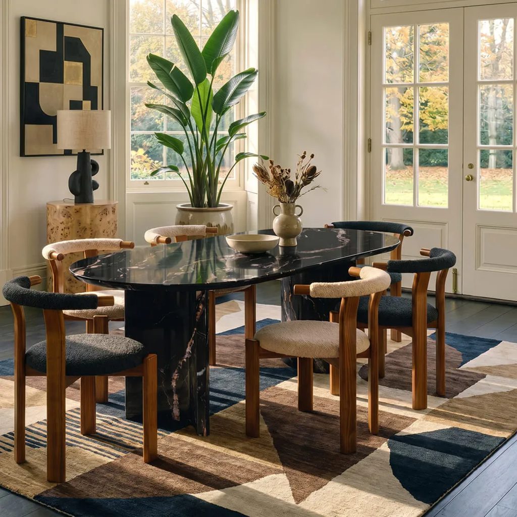 Black oval marble dining table with six upholstered chairs on a geometric rug in a bright contemporary dining room.