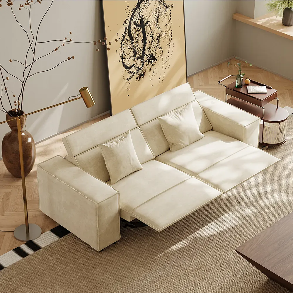 Cream oversized reclining loveseat with both footrests extended in a modern living room.