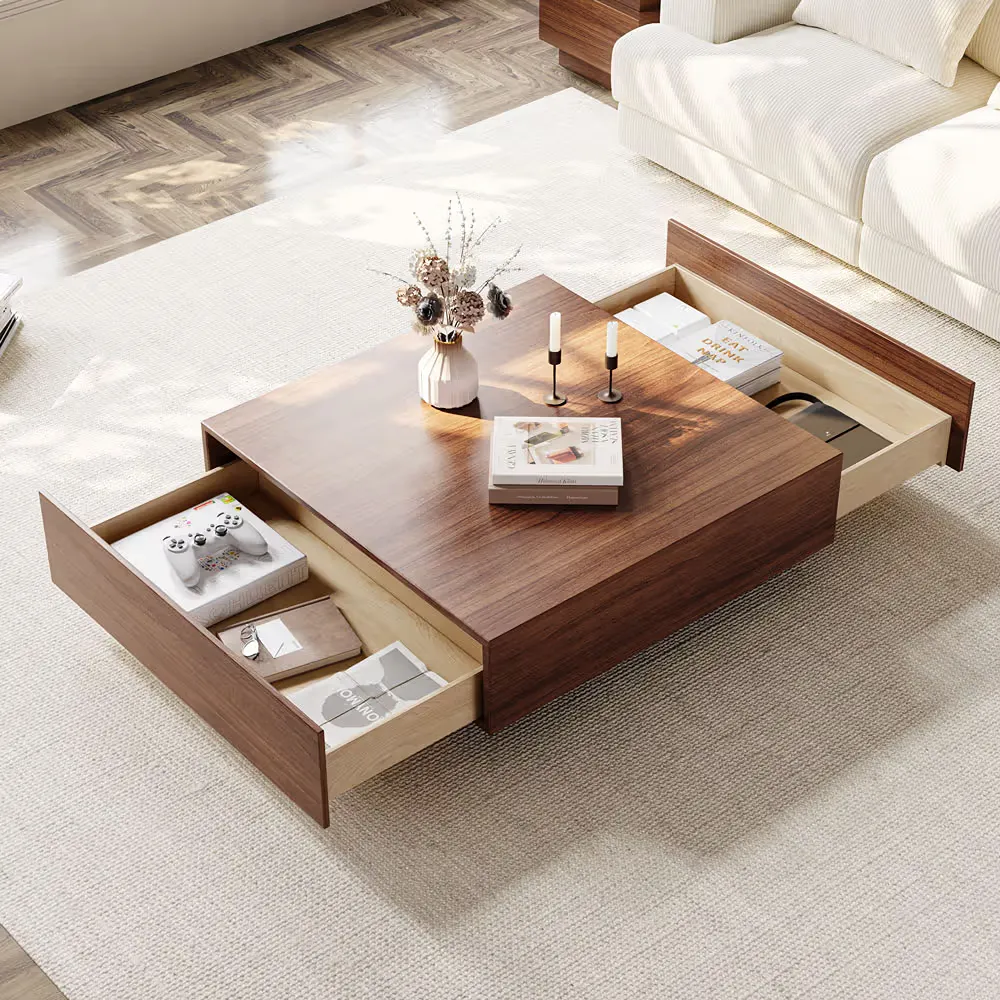 POVISON 35" Square Wood Coffee Table with Storage in walnut finish with two drawers open in a bright living room.