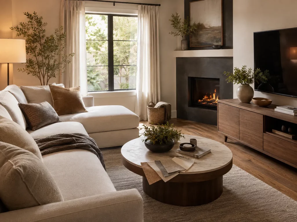 Neutral living room with fireplace, cream sectional sofa, walnut TV stand, and travertine coffee table