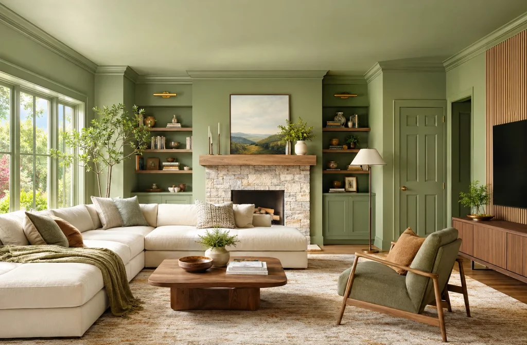 Bright sage green color-drenched living room with cream sectional, stone fireplace, and walnut furniture