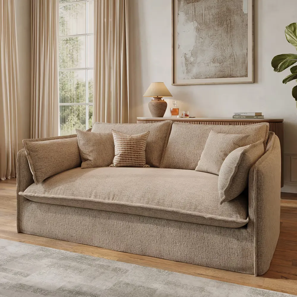 POVISON Luna Sofa in khaki textured upholstery with loose cushions in a bright living room.
