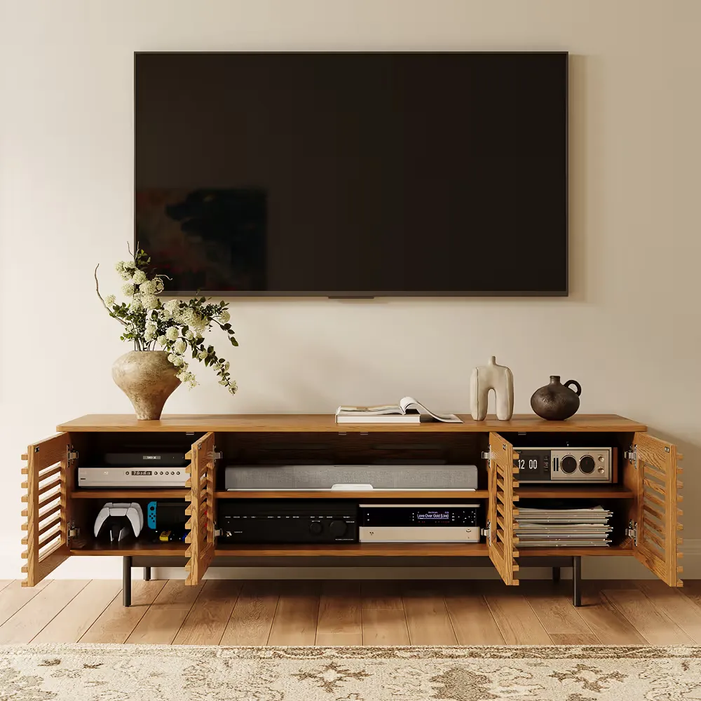 Mid-century modern stereo console cabinet with open doors, audio components, and organized storage in a minimalist living room
