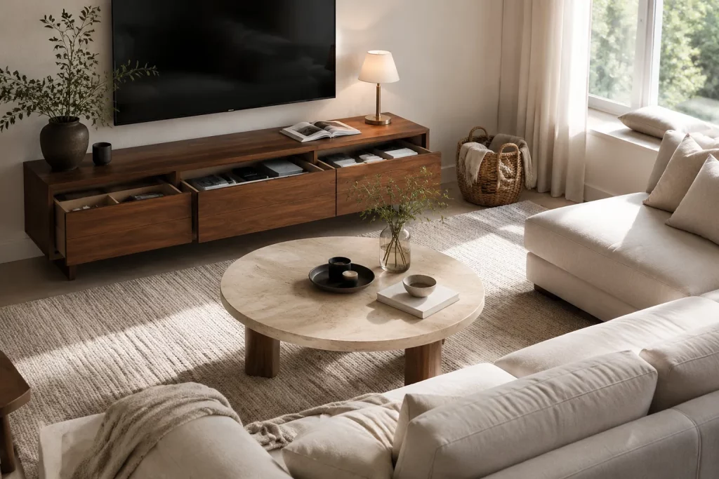 Neutral living room with walnut media console, round stone coffee table, and organized storage for everyday items