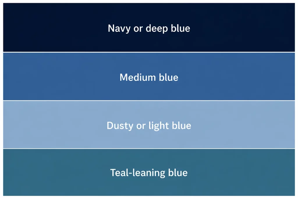Blue color palette showing navy, medium blue, dusty light blue, and teal-leaning blue swatches.