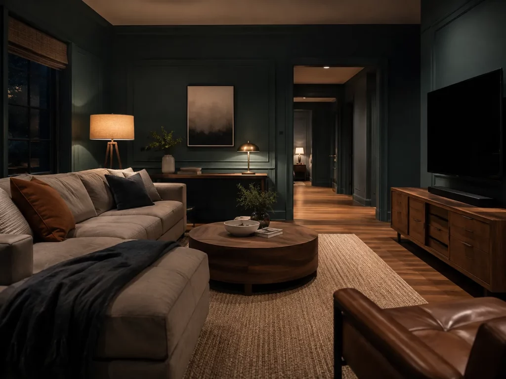 Dark green color-drenched living room at night with sectional sofa, TV, and warm wood furniture