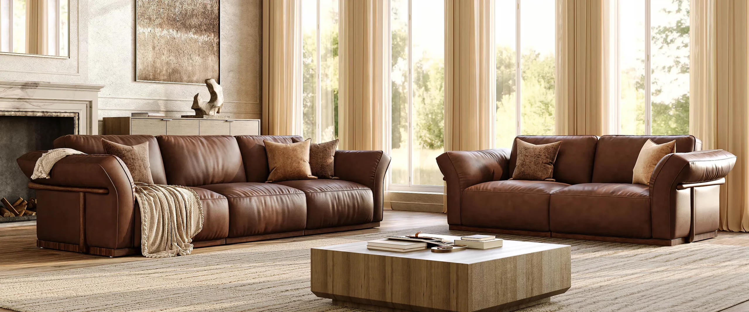 Dark brown leather sofas paired with a light coffee table in a sunlit living room