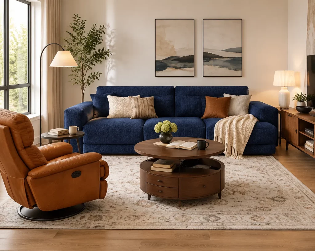 Navy blue sofa styled with cream pillows, caramel recliner, light rug, and warm wood furniture in a modern living room.
