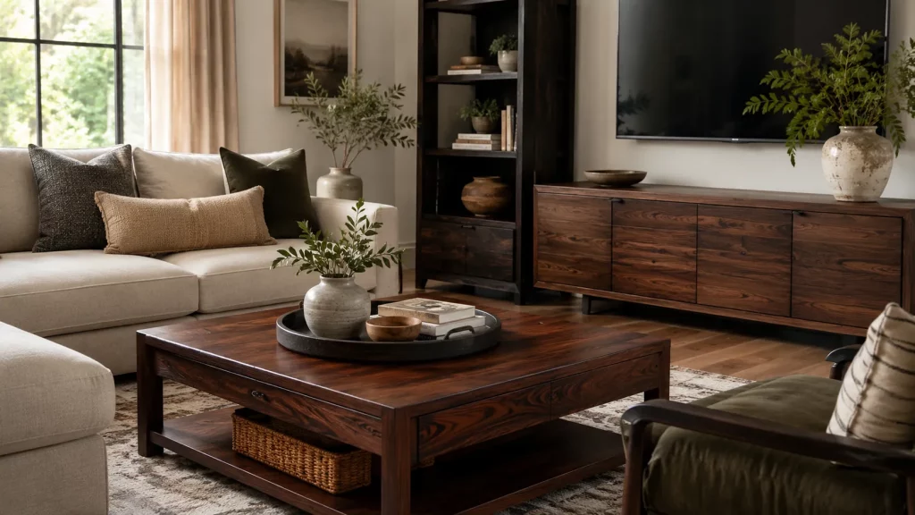 Living room with dark wood coffee table and media console balanced by light neutral seating