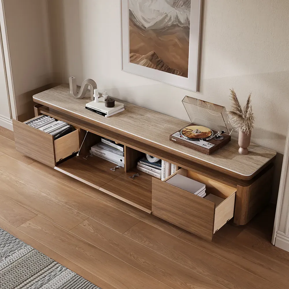 Wide walnut media console with open drawers and storage compartments for media accessories.