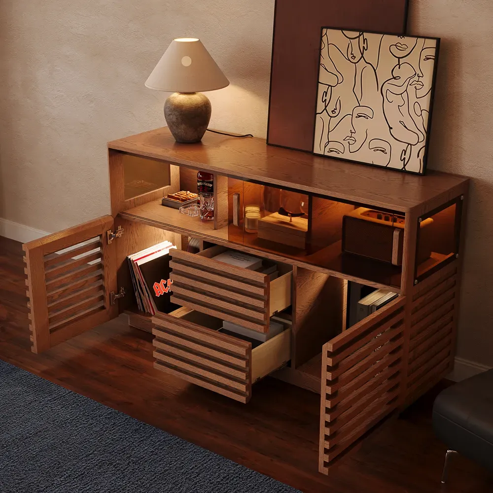 Walnut slatted storage cabinet with open doors, drawers, interior lighting, books, and decor.