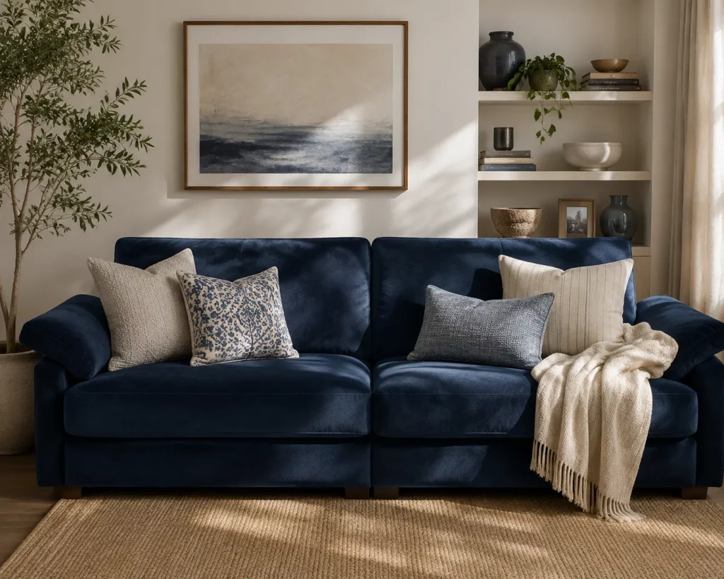 Navy blue sofa with neutral pillows, cream throw, woven rug, wall art, and decorative shelving in a bright living room.