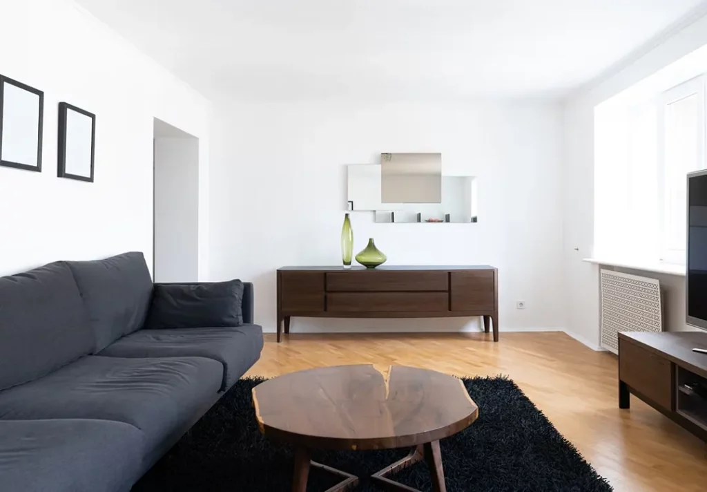 Dark gray sofa with mixed wood furniture and a black rug in a bright modern living room