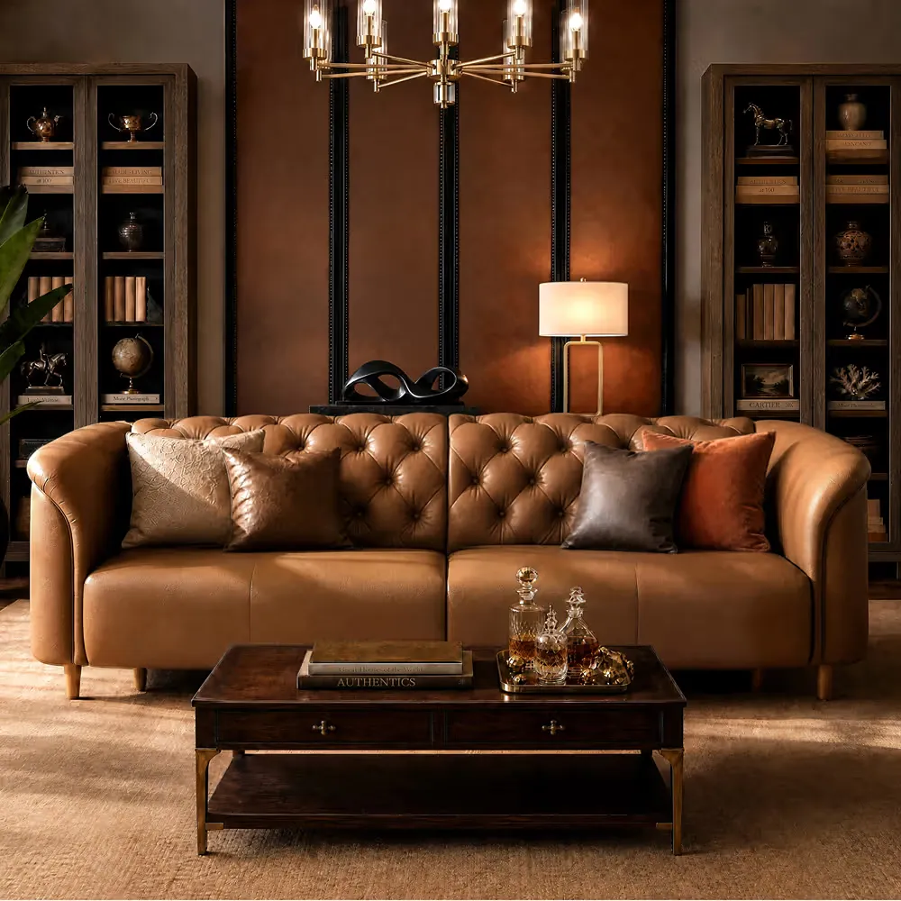 Brown leather Chesterfield sofa with deep button tufting and rolled arms in a warm traditional living room.