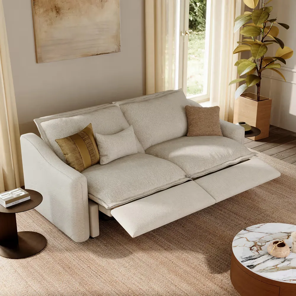 POVISON Ergopals Power Reclining Sofa with extended footrests in a sunlit living room.