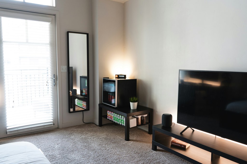 Small living room with TV stand, smart speaker, beverage storage cabinet, and compact entertainment setup.