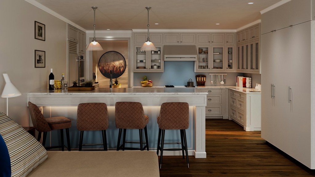 Modern kitchen island with four upholstered bar stools and black metal legs.