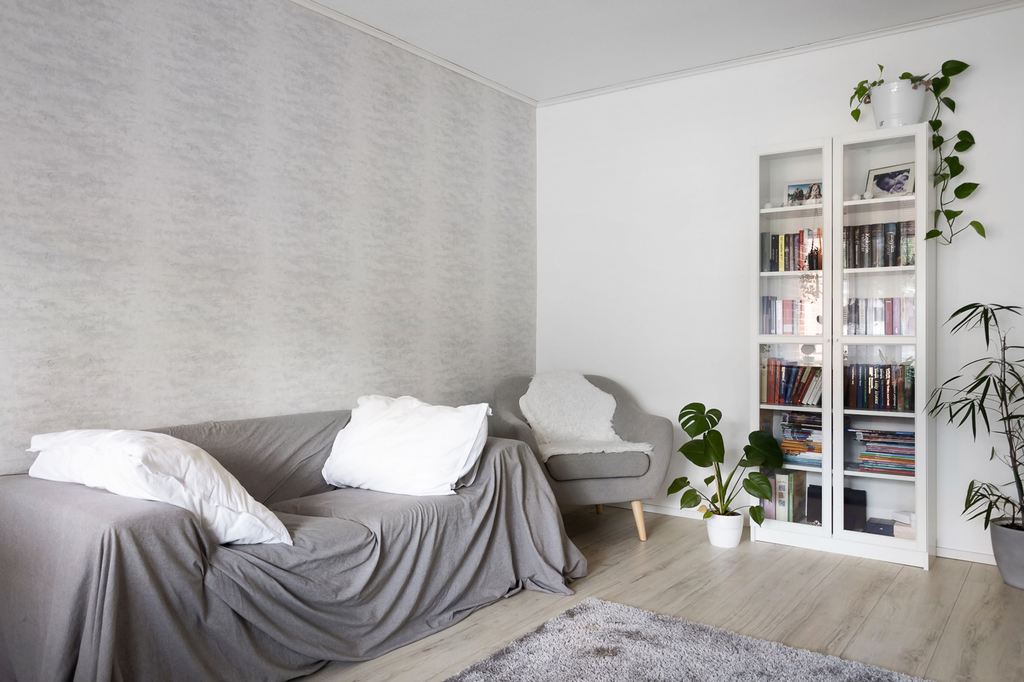 Minimalist living room with a gray sofa, armchair, bookshelf, indoor plants, and neutral decor.