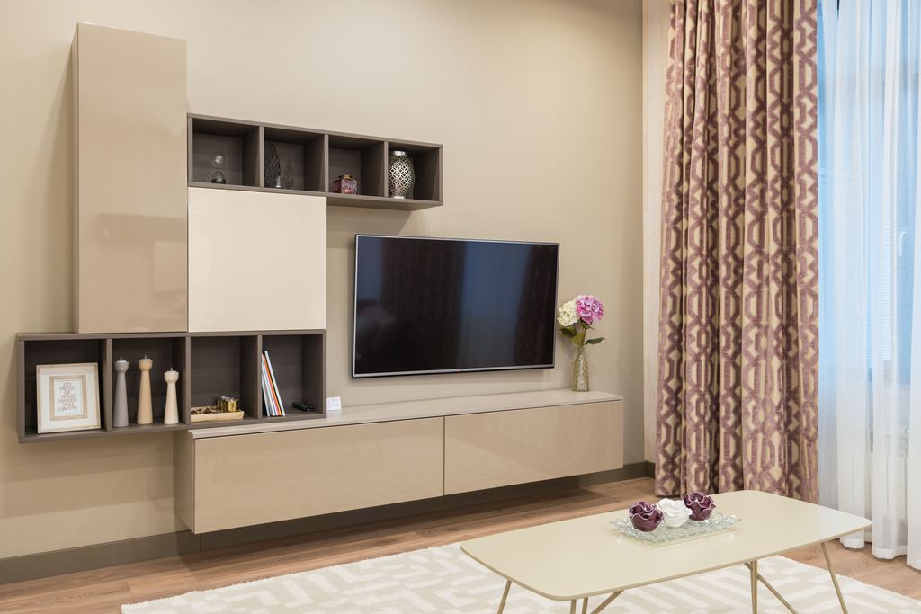 Modern shared apartment living room with a wall-mounted TV, built-in storage cabinets, and a coffee table.