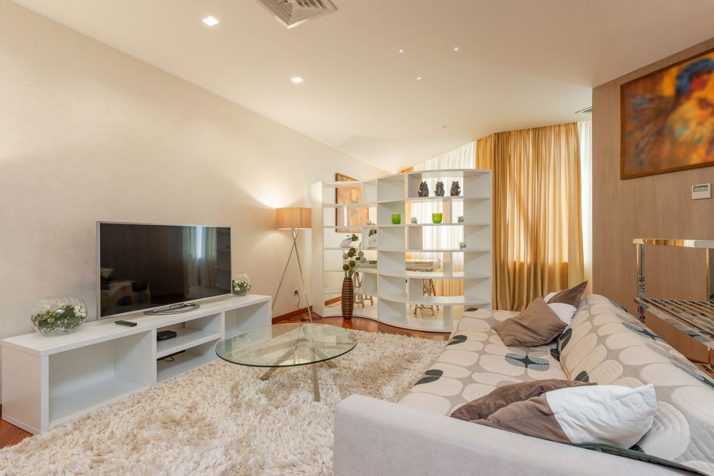 Bright shared apartment living room with a large sofa, TV, glass coffee table, and open shelving.