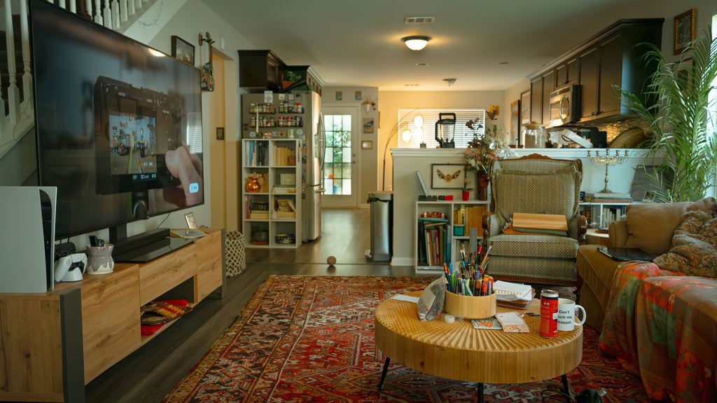 Living room with a large TV, PS5 console, and wooden media console in an open-plan home.