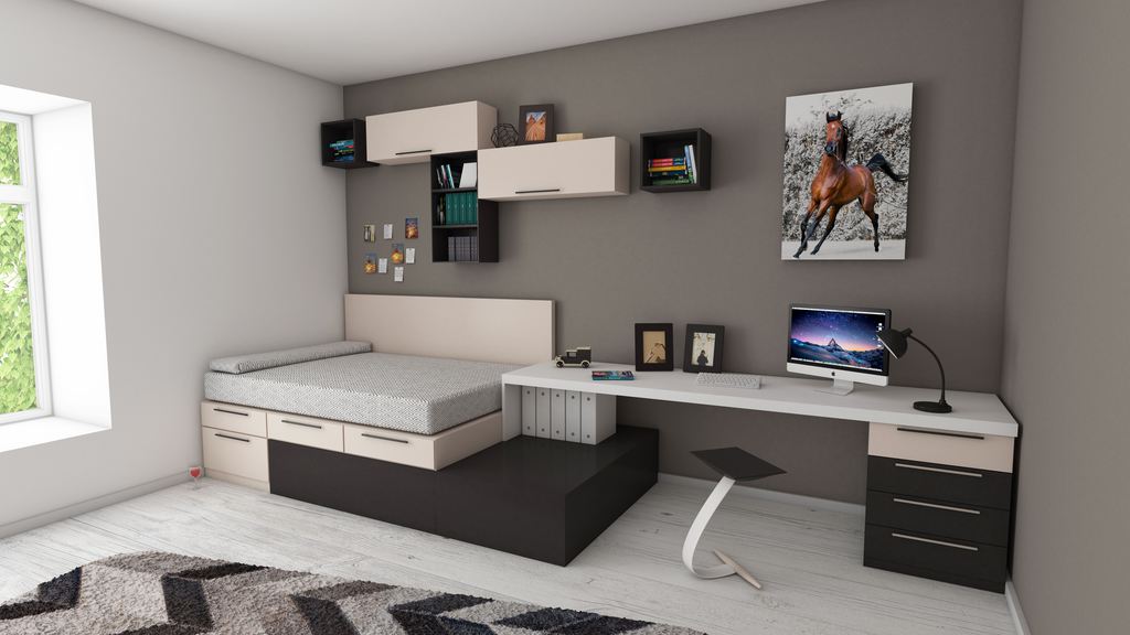 Home office guest room with a built-in bed, long desk, wall storage, and computer workspace.