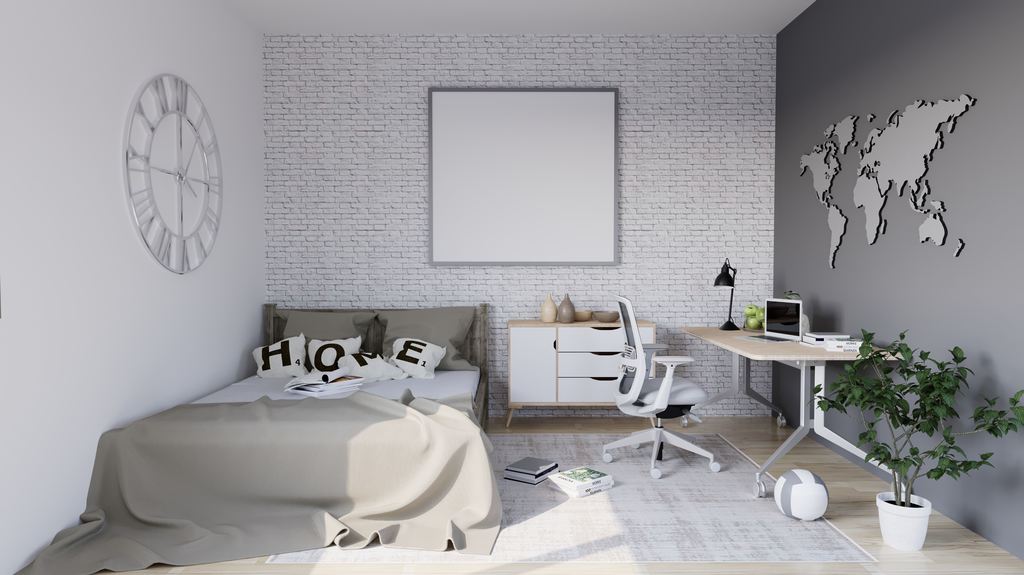 Modern bedroom with a bed, home office desk, chair, computer setup, indoor plant, and minimalist interior design.