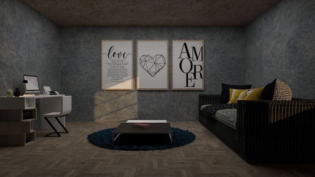 Dark modern multipurpose room with a black sofa, coffee table, desk, and framed wall art.