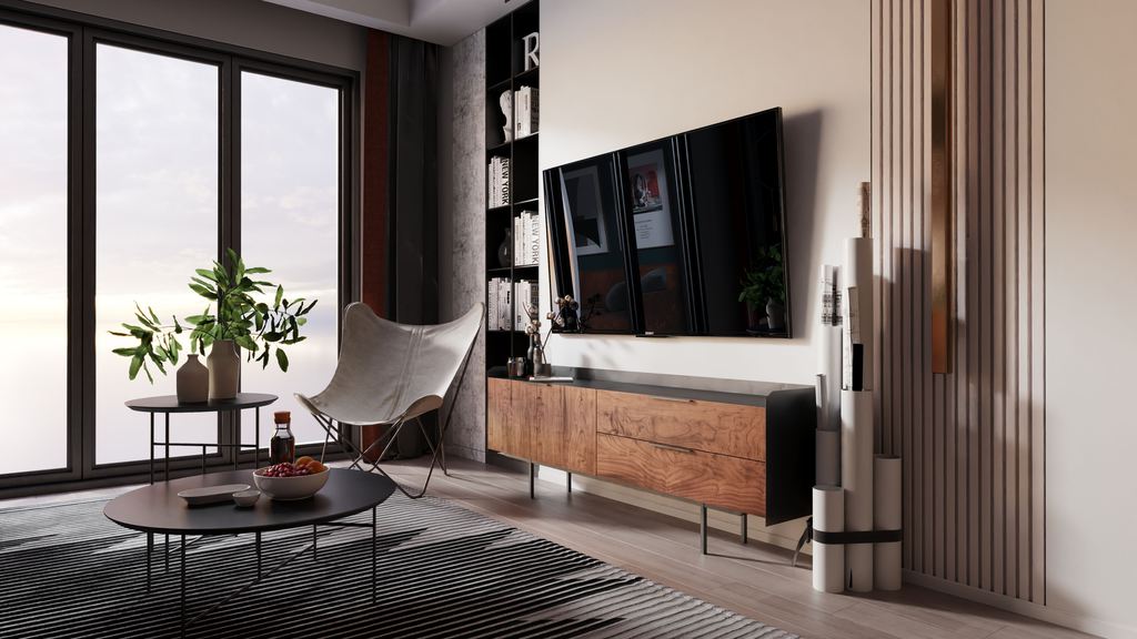 Modern living room with a wall-mounted TV above a wood media console and large windows.