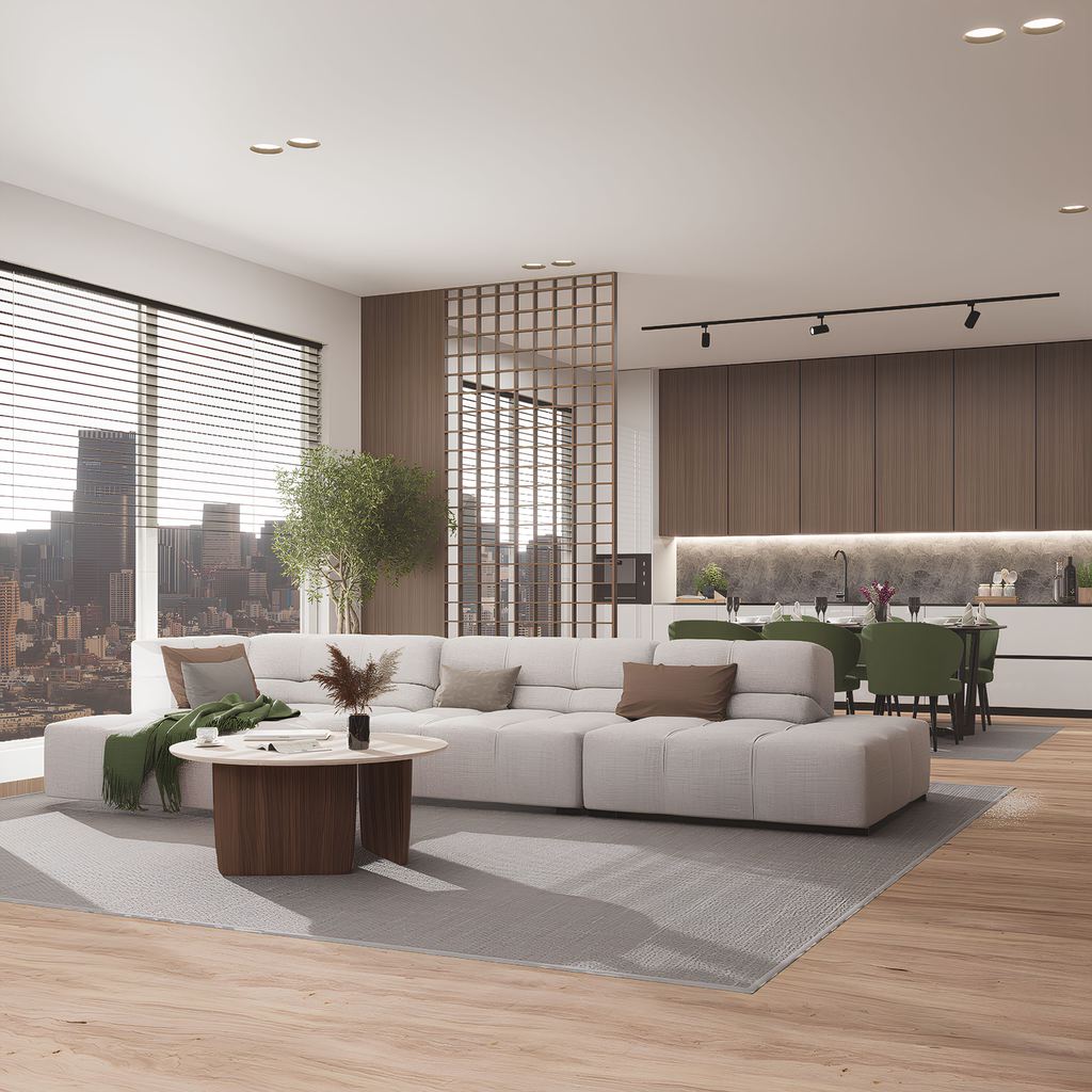 White modular sectional sofa on a large area rug in a modern open-plan living room