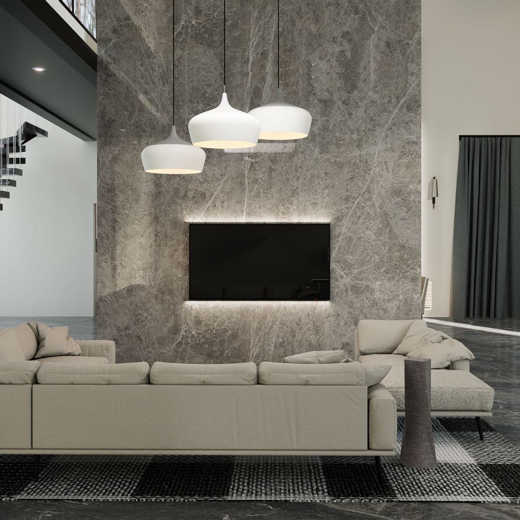 Modern living room with a beige sectional sofa, marble feature wall, wall-mounted TV, and pendant lights.