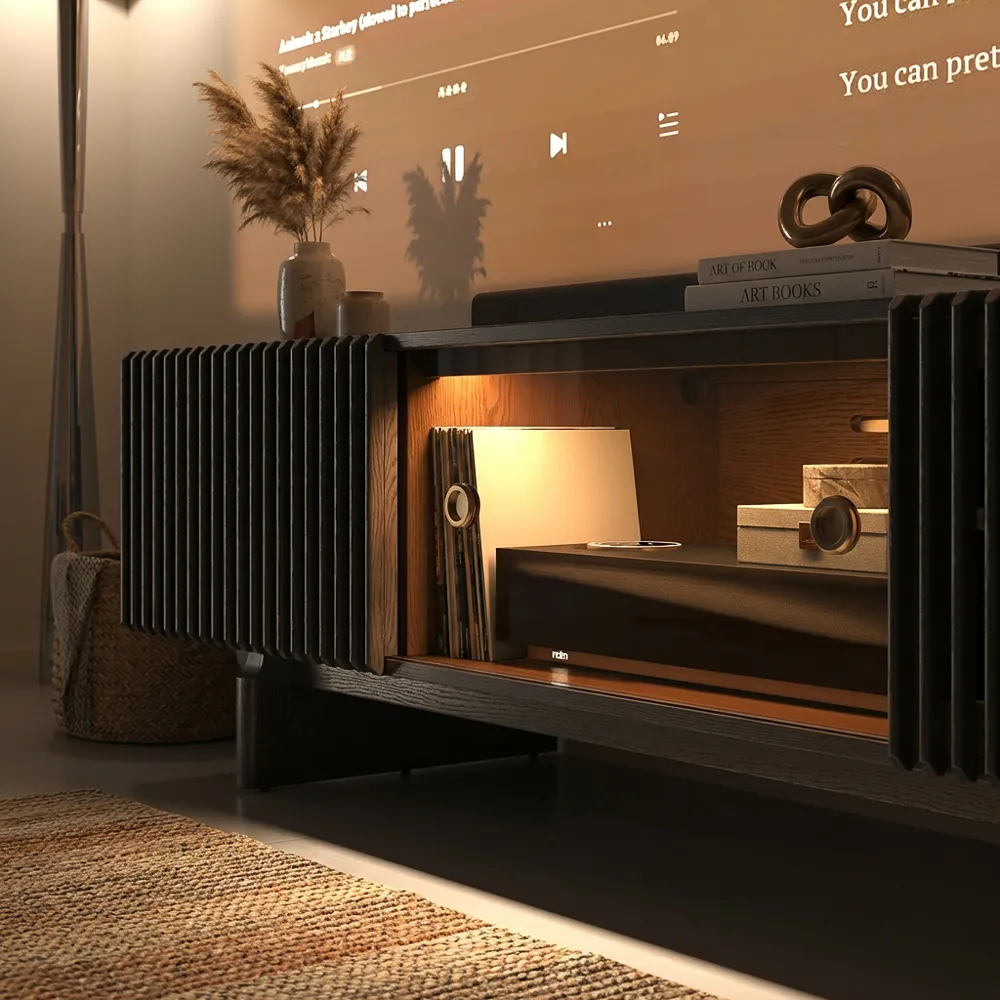 Mid-century modern media console with ventilated doors and AV receiver storage in a living room setup