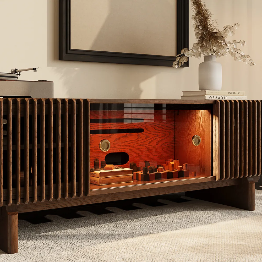 POVISON Delven mid-century modern media console with slatted wood doors, ventilated storage, and cable management.