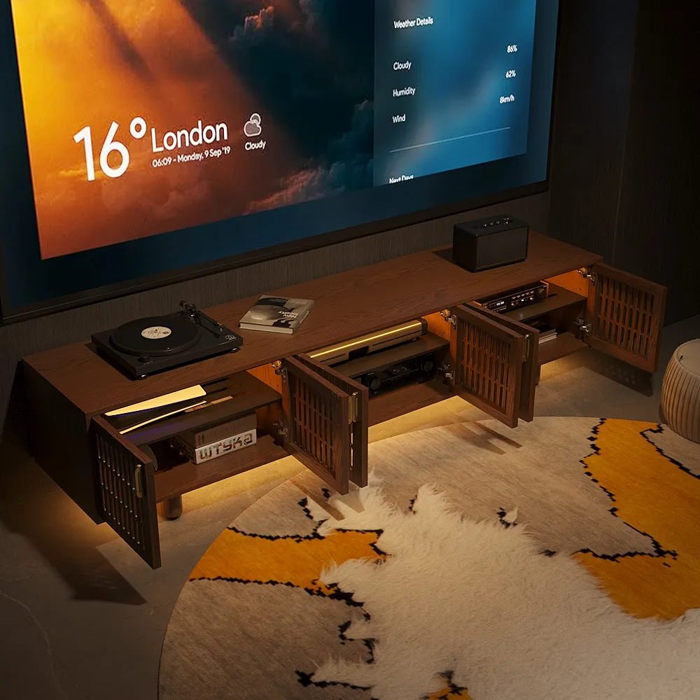 Modern stereo console cabinet with turntable, AV receiver, cable organization, and slatted doors in a home theater setup