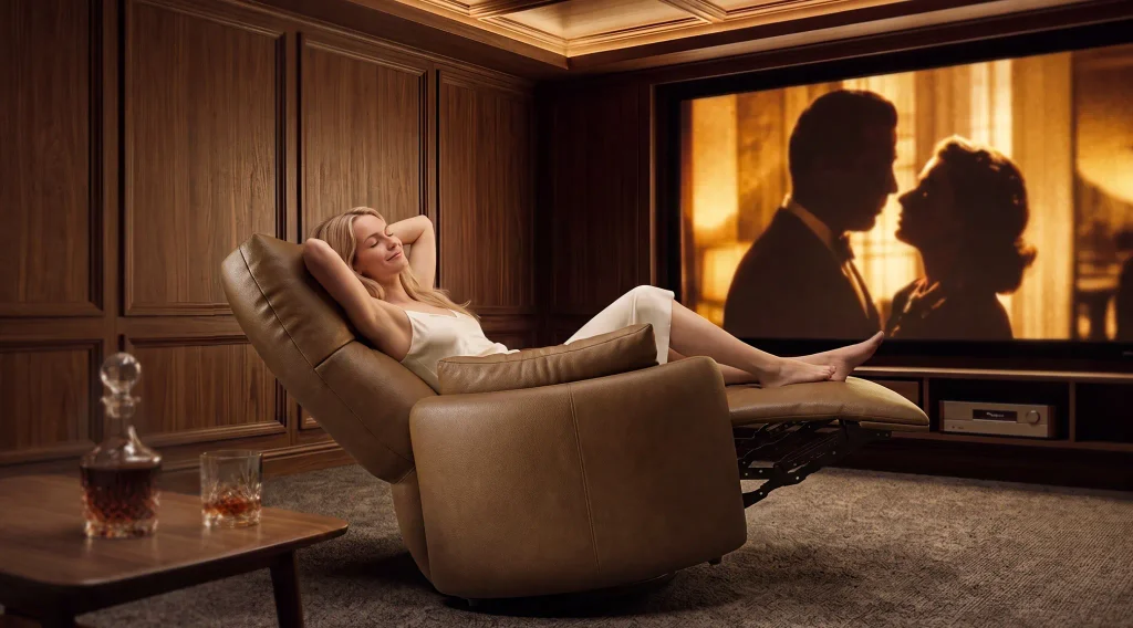 Woman relaxing in a brown leather recliner on a carpeted home theater floor.