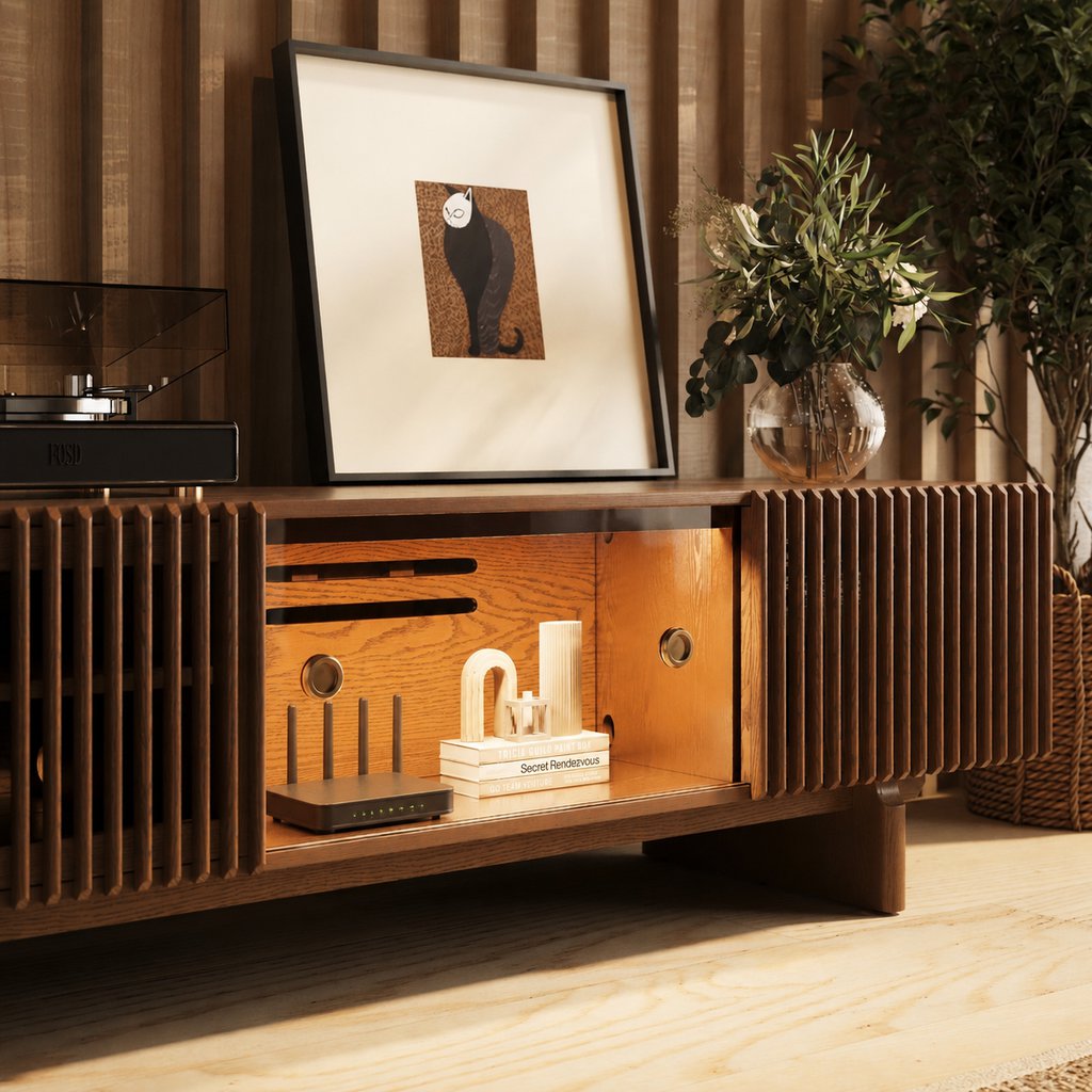 Wi-Fi router inside a slatted wooden media console with decor and cable-friendly storage.